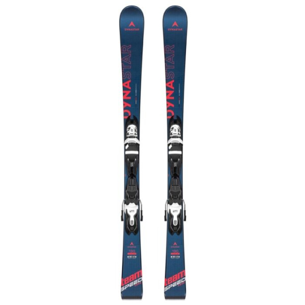 Skis Dynastar Team Speedzone bleu marine à lettres rouges avec fixations blanches, longueur 130, sur blanc