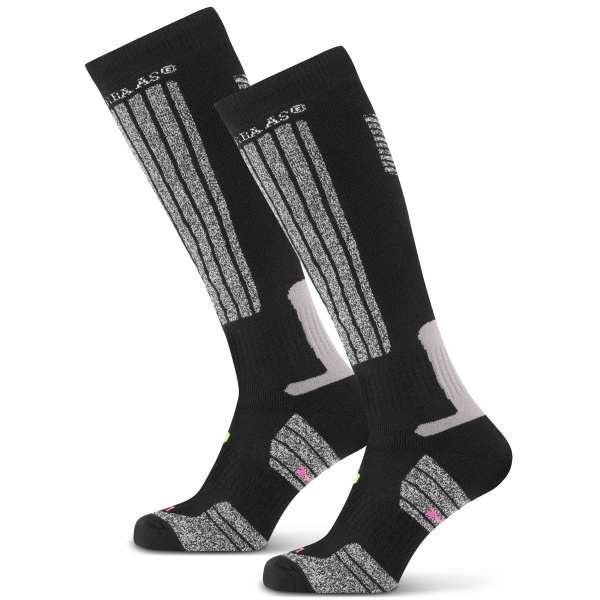 Chaussettes de ski Poederbaas noires, vue rapprochée sur fond blanc.