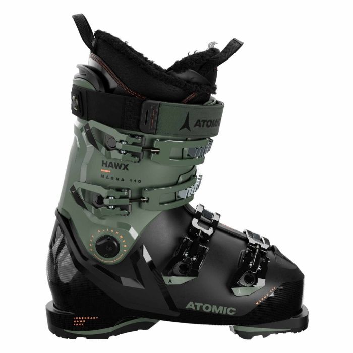 Atomic Hawx Magna 110 GW : Vue latérale des chaussures de ski vertes et grises.