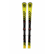Völkl Racetiger SL 155 cm ski's vooraanzicht – neon geel-zwart design met Völkl logo en SL Racetiger opschrift, inclusief Marker rMotion3 12 GW bindingen, leunend tegen witte slatwall in een winkel