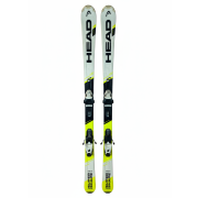Skis Head Team Supershape, vue de dessus avec fixations et design jaune et noir.