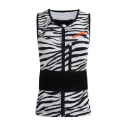 Spines The Zebra rugbeschermer met zebraprint, vooraanzicht van het mouwloze vest met rits, oranje logo en zwarte buikband