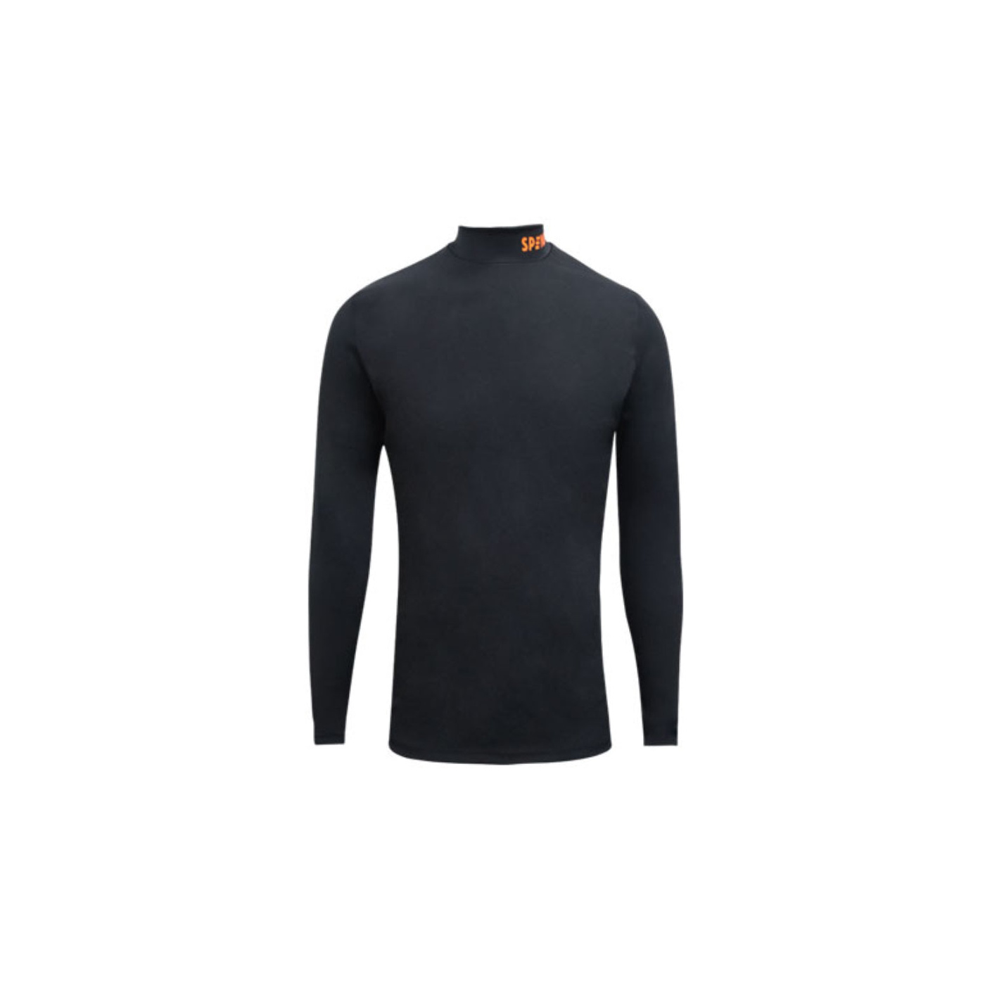 Maillot thermique Spines The Black Edition noir vu de face, manches longues et logo orange sur le col montant