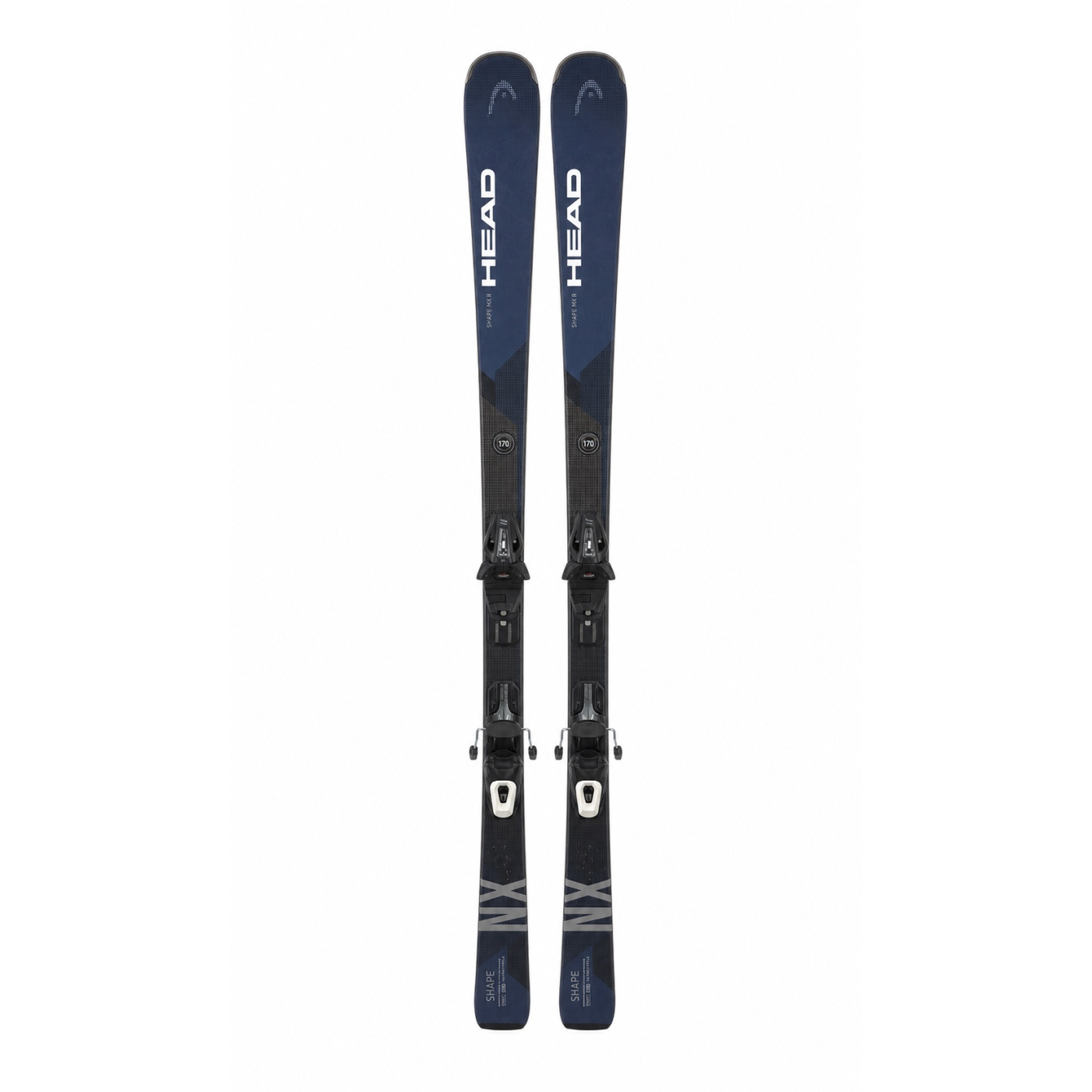 Skis Head Shape NX R, paire complète vue de dessus, bleu foncé et noir, sur fond blanc