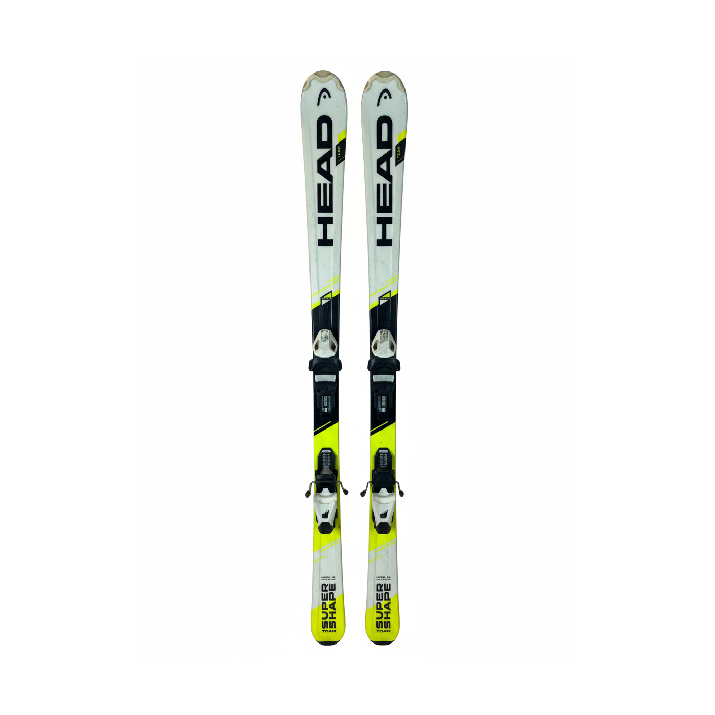 Skis Head Team Supershape, vue de dessus avec fixations et design jaune et noir.