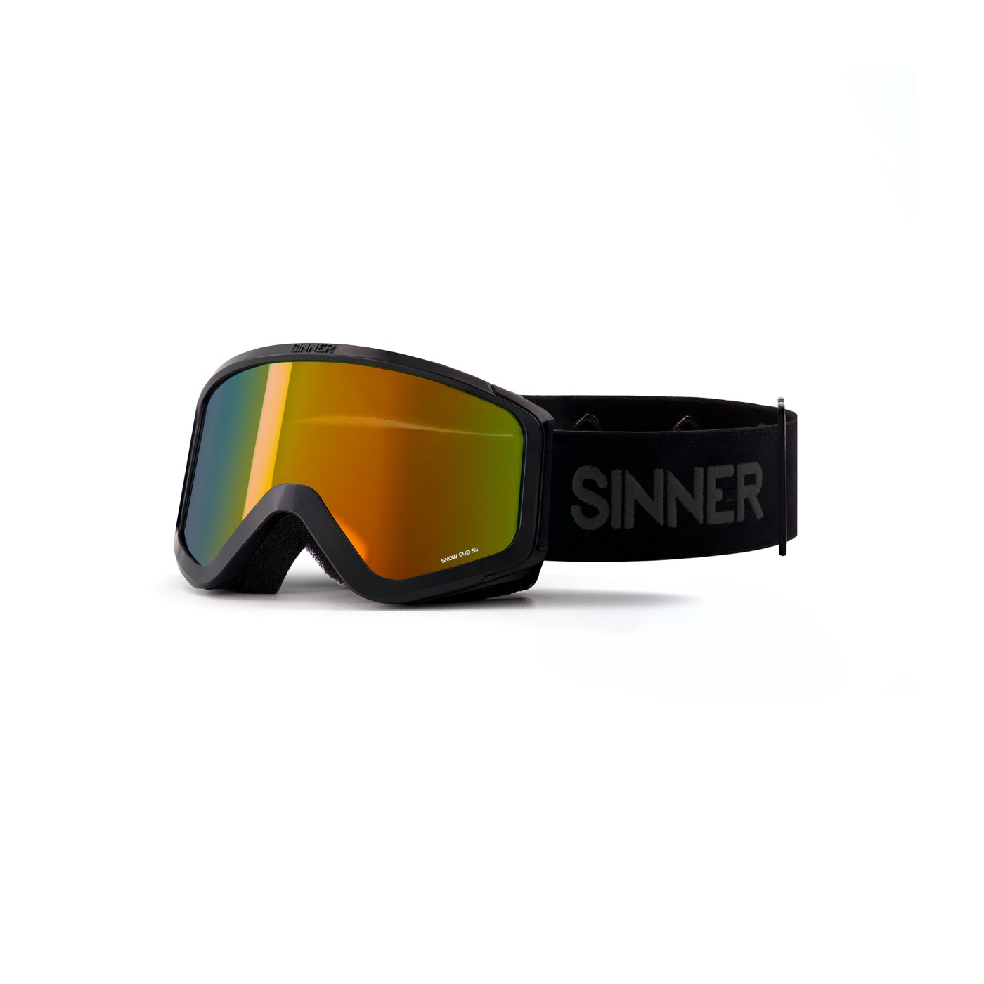 Masque de ski junior Sinner Snow Cub noir, vue trois quarts, écran miroir rouge marqué SNOW CUB S3