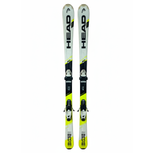 Skis Head Team Supershape, vue de dessus avec fixations et design jaune et noir.