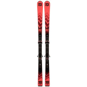 Völkl Racetiger RC : Vue des skis avec fixations, design rouge et noir.